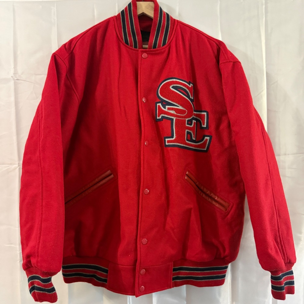 Herff Jones Mens XL Red Wool Melton Varsity Letterman Jacket SE‎ Patch Quilted